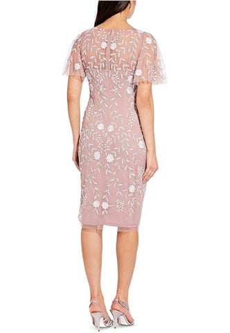Nude Floral Beaded Dress with Sheer Flutter Sleeves