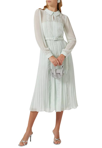 Mint Green Chiffon Lace-Trimmed Midi Dress