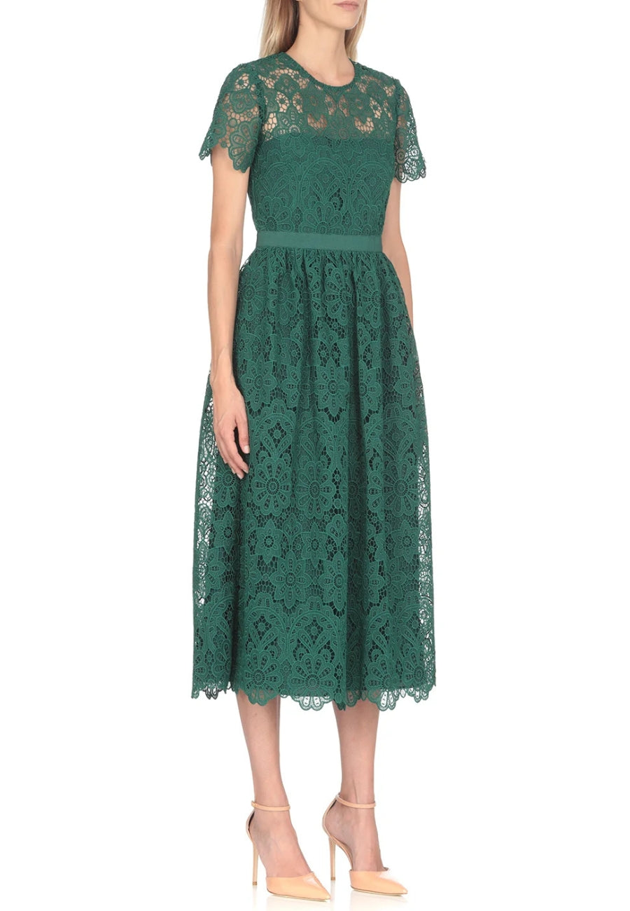 Emerald Green Floral Lace Midi Dress