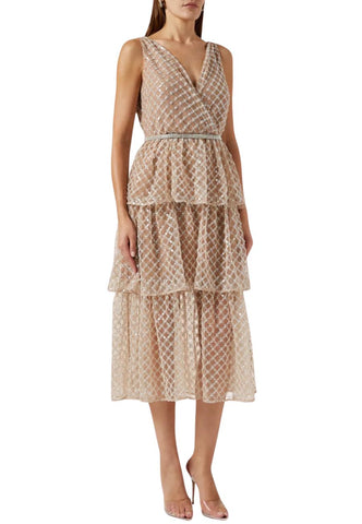 Beige Grid Sequins Tiered Midi Dress