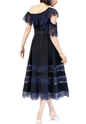 Navy and Black One Shoulder Lace Midi Dress